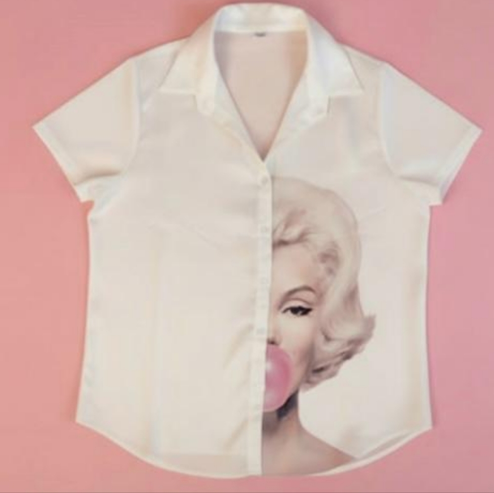 VGUC, ICONIC MARILYN BUBBLEGUM SHIRT - TAG L, FITS M OR SMALL CHEST L PERFECTLY.